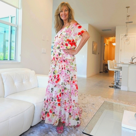 Boston Proper Floral off the Shoulder Top with Tiered Maxi Skirt - Picture 3 of 16